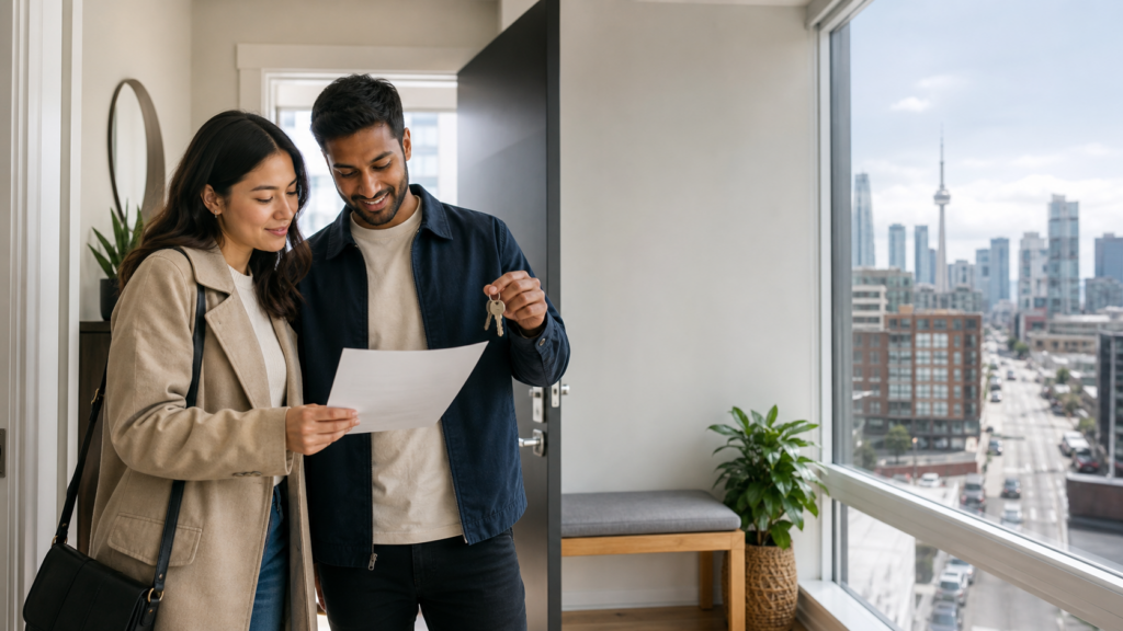Toronto first-time homebuyer couple reviewing their first property purchase in Toronto